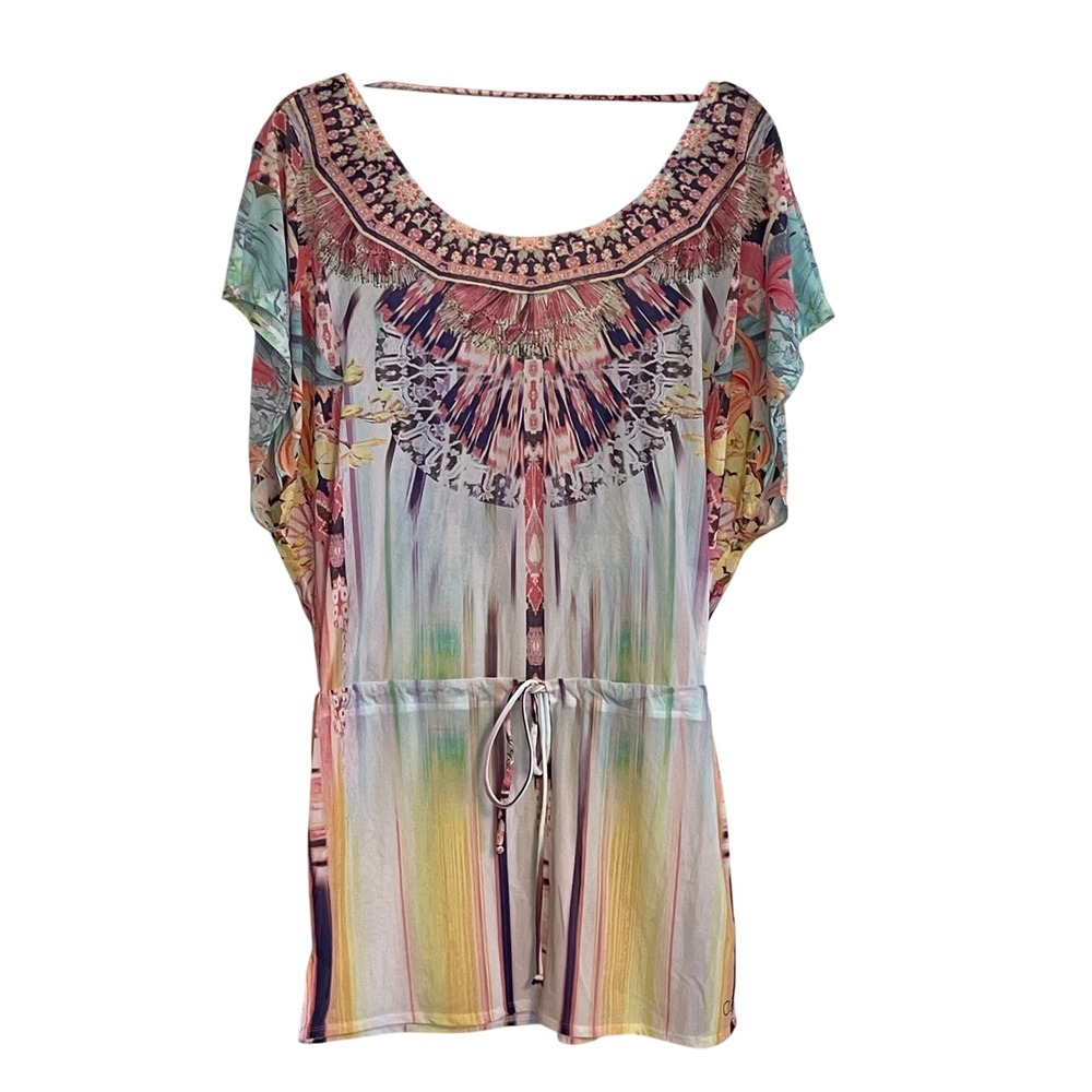 Calia by Carrie Underwood Womens Multicolor Floral Boho Tunic Top Drawstring S